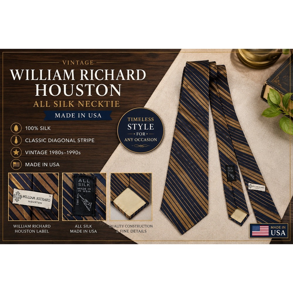 William Richard Houston Vintage Silk Tie Navy Gold Diagonal Stripe Made in USA